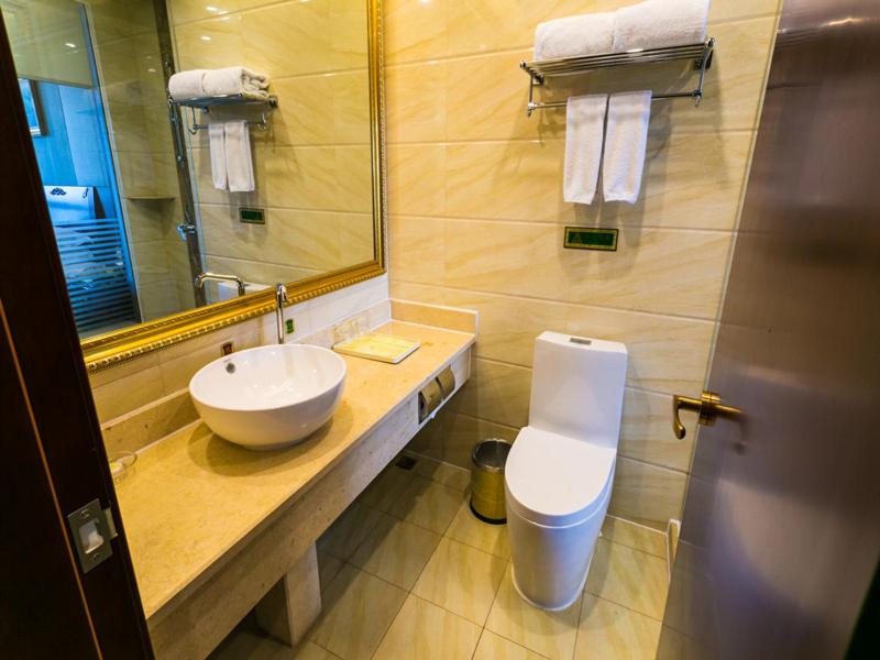 嘉定维也纳酒店上海虹桥国展中心万达店的一间带水槽、卫生间和镜子的浴室