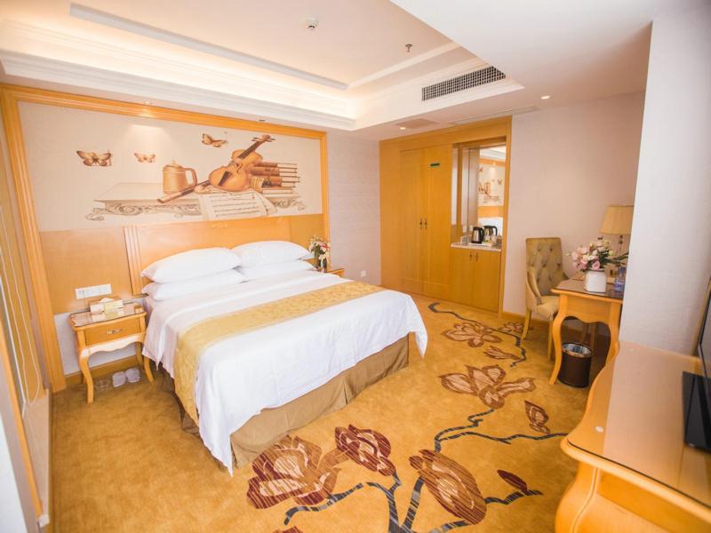 惠州维也纳酒店广东惠州江北三新店的酒店客房设有一张床,墙上挂有绘画作品