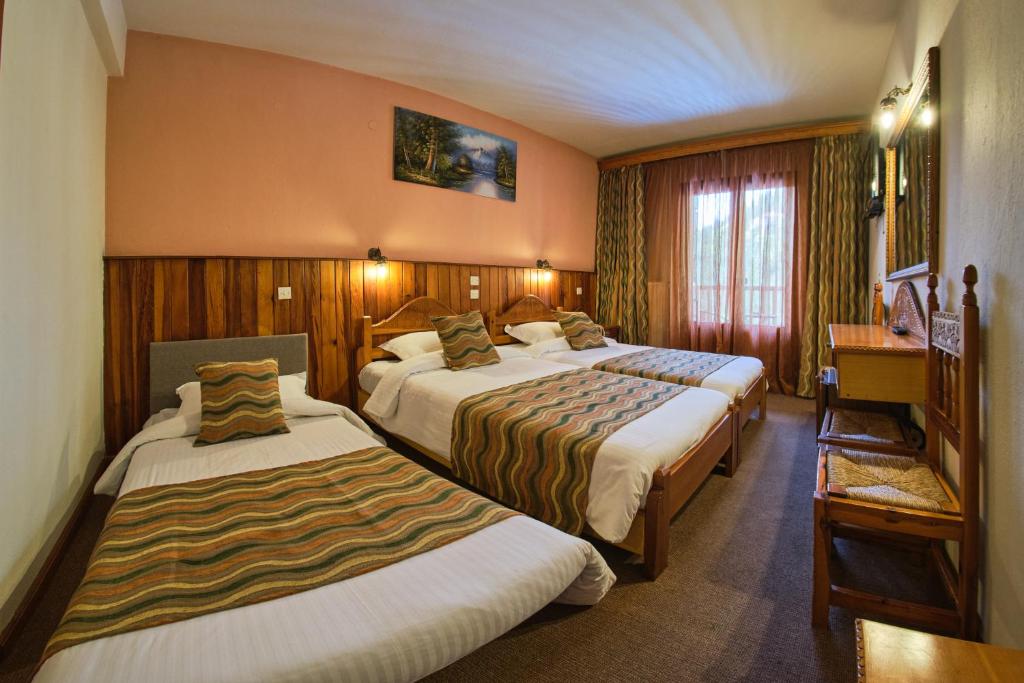 美特索文维多利亚酒店的酒店客房设有两张床和一张桌子。