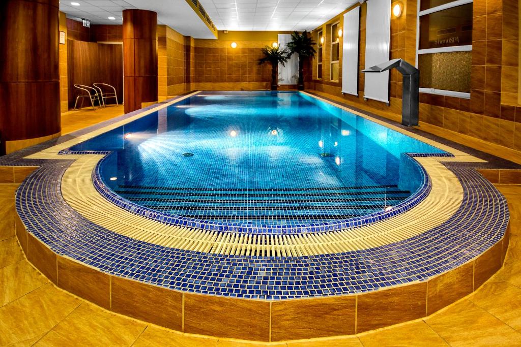 波兹南Grand Royal Hotel的一个带泳池导管的酒店客房内的大型游泳池