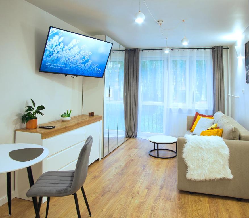 萨诺克Studio dla Dwojga的客厅配有沙发和墙上的电视