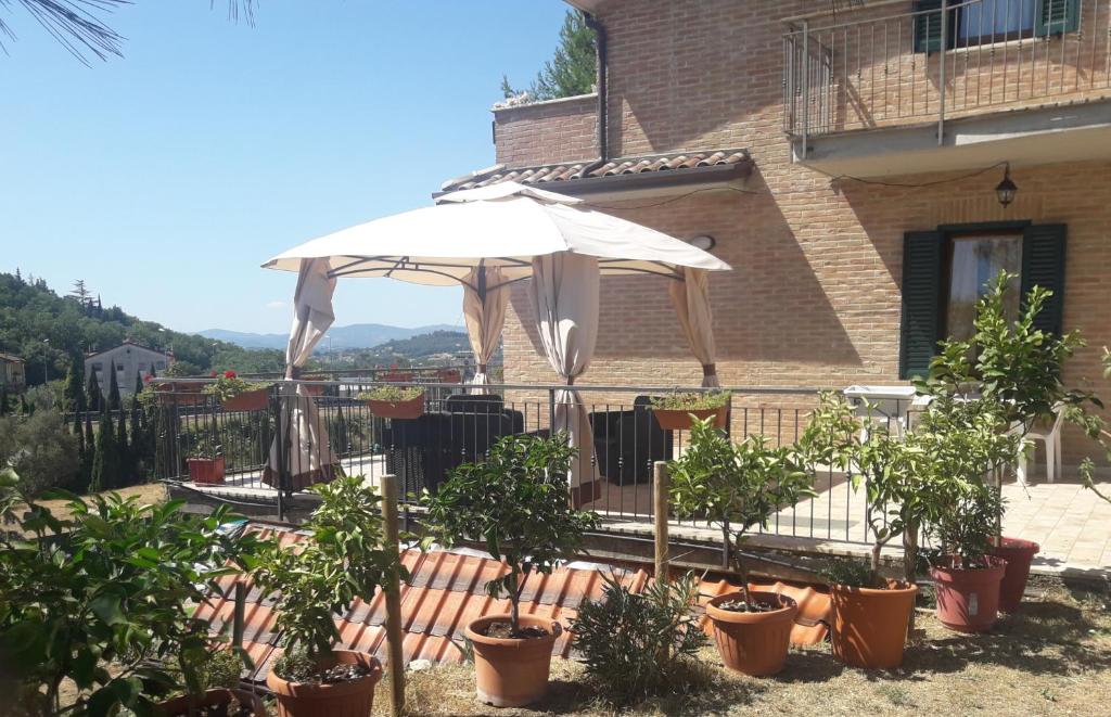 佩鲁贾Appartamento mediano in villetta 3 livelli - Perugia, Olmo Costa d'Argento的一个带雨伞和盆栽的庭院
