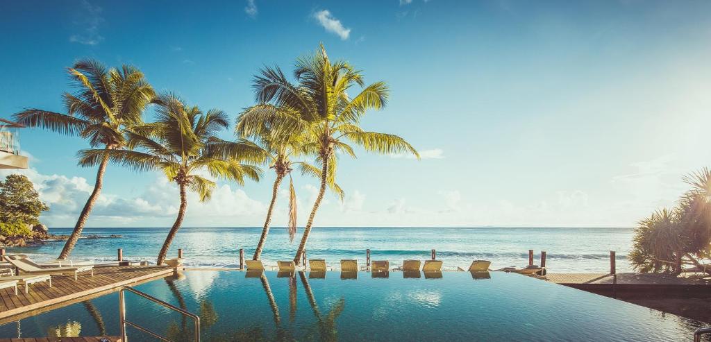 Glacis卡瑞娜海滩酒店的毗邻大海的棕榈树游泳池