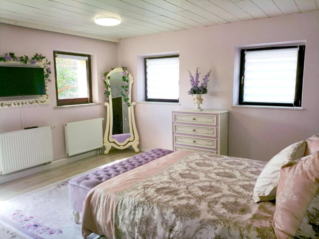 纽伦堡Lighane's Studio with Sailor Moon Room的一间卧室配有床、镜子和梳妆台