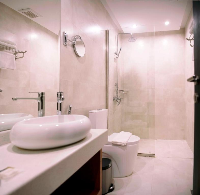 吉赞Sultanate Jazan的一间带水槽、卫生间和淋浴的浴室