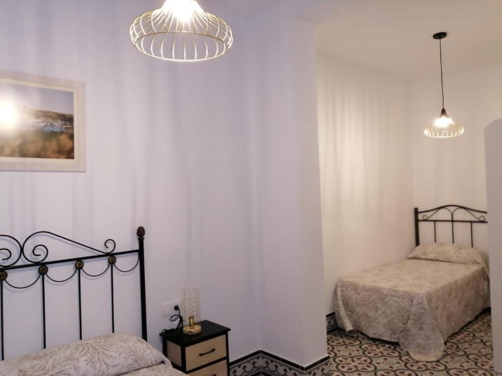 Cumbres de San BartoloméTío Genaro的一间卧室配有两张床和吊灯。