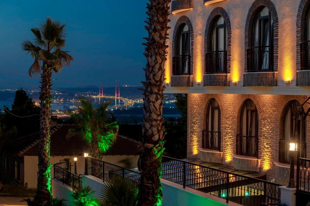 亚洛瓦LAGUN CASTLE HOTEL&SPA的棕榈树的夜间酒店景色