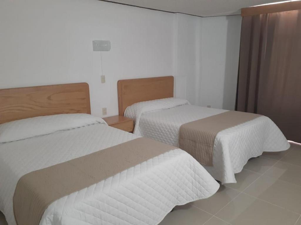 赫雷斯加西亚萨利纳斯里欧酒店的配有白色床单的酒店客房内的两张床