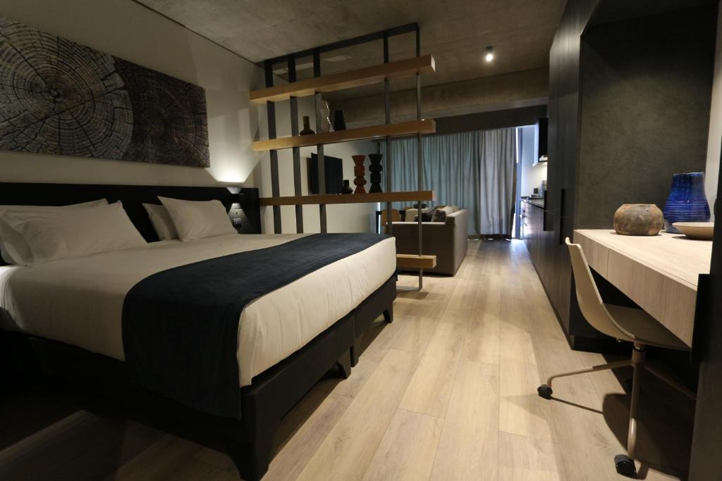 圣地亚哥Nucleo Mayor Apart的配有一张床和一张书桌的酒店客房