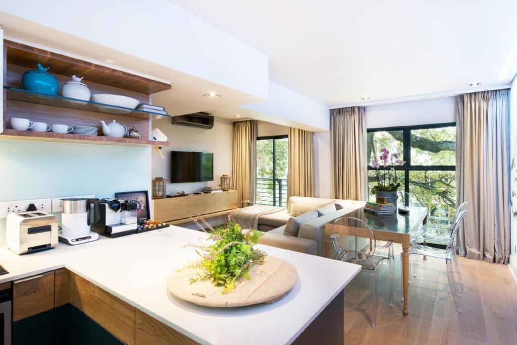 斯泰伦博斯Collection Luxury Apartments - Concord 11的厨房以及带沙发和桌子的客厅。