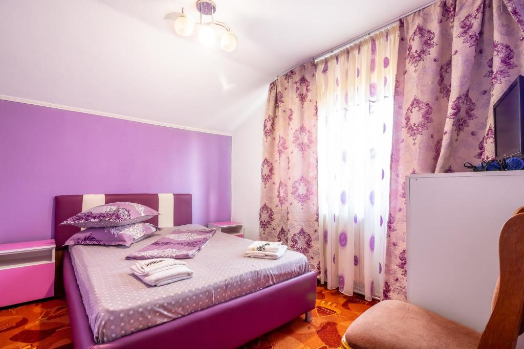 巴亚德菲耶尔Pensiunea Mariana的紫色卧室设有一张床和一个窗户