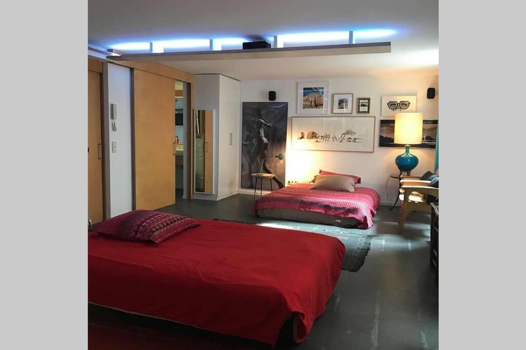 马德里Spacious Chillout in Madrid的一间卧室配有两张红色床单