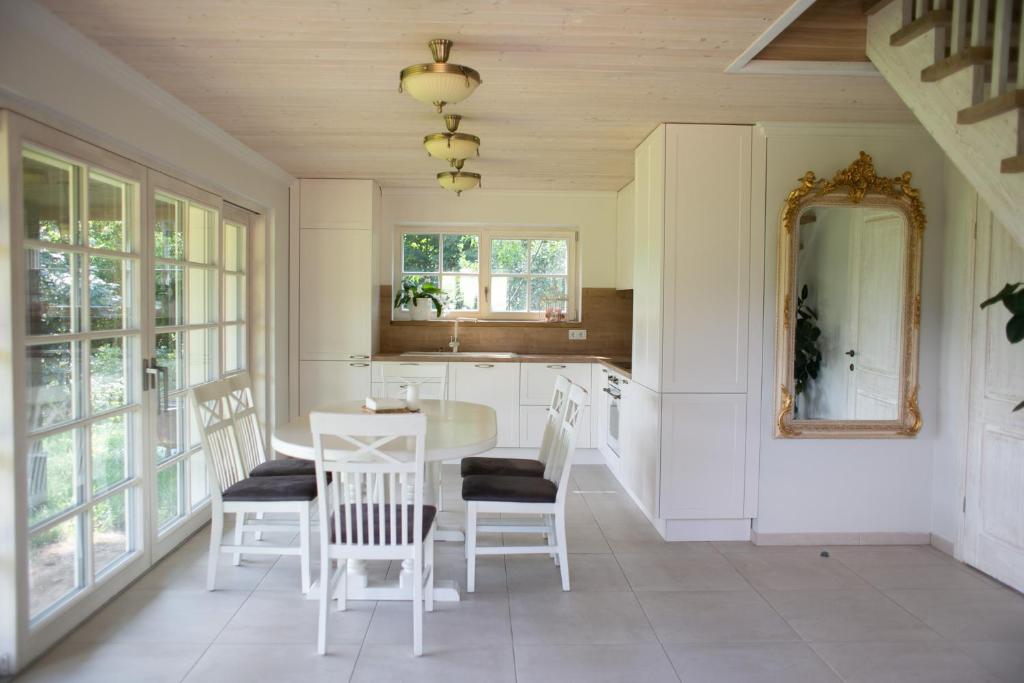 KrosnaDomingo vila的厨房配有桌椅和镜子