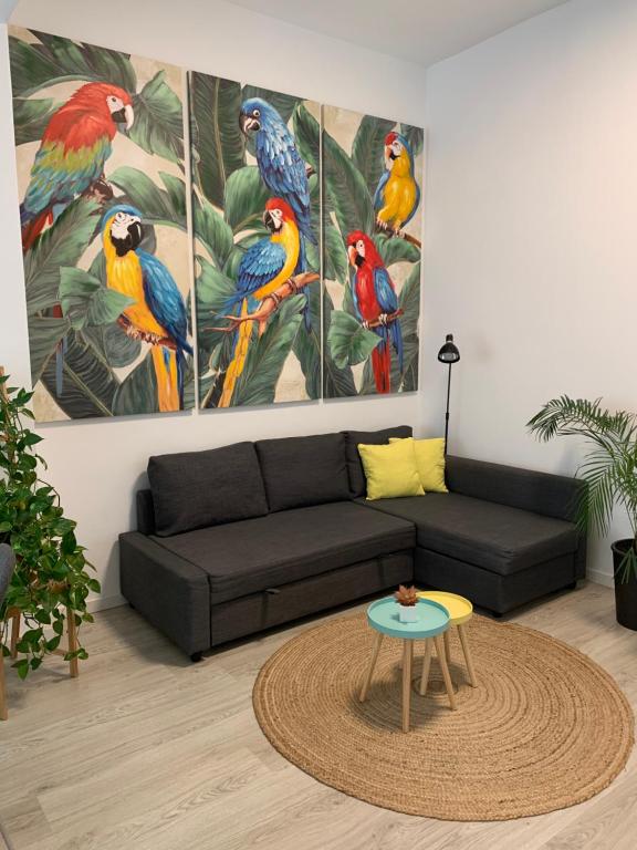 圣克鲁斯-德特内里费CASA PAPAGAYO的客厅配有黑色沙发和四只鹦鹉
