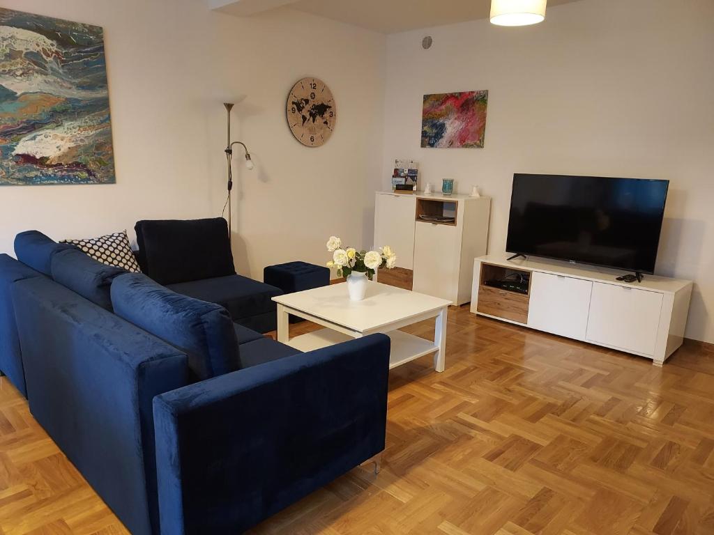 什切青APART- salon z aneksem kuchenym, 2 sypialnie, łazienka的客厅配有蓝色的沙发和电视