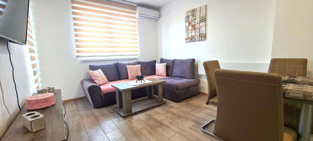 索科矿泉村Apartmani Lavanda的客厅配有紫色沙发和桌子