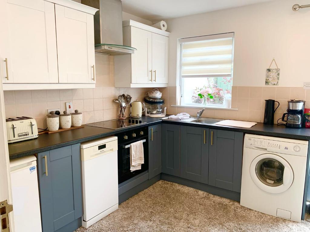 布莱辛顿Three-Bedroom Home in Tulfarris Village, Wicklow的厨房配有蓝色橱柜、洗衣机和烘干机