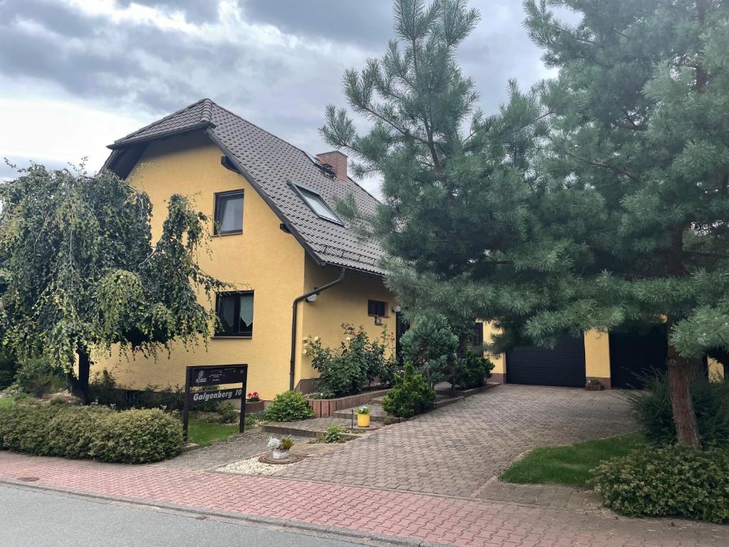 格雷芬海尼兴Ferienwohnung Geyer的前面有车道的黄色房子