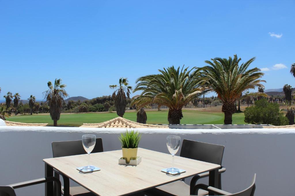 圣米格尔德阿沃纳Vista Bonita, Golf del Sur的一张桌子,上面放着两杯酒,棕榈树
