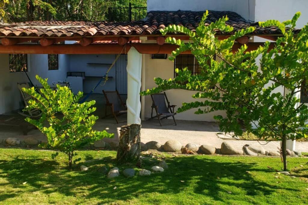锡瓦塔塔内霍Ixtapa Confort的一座有树木的院子和一座有屋顶的房子