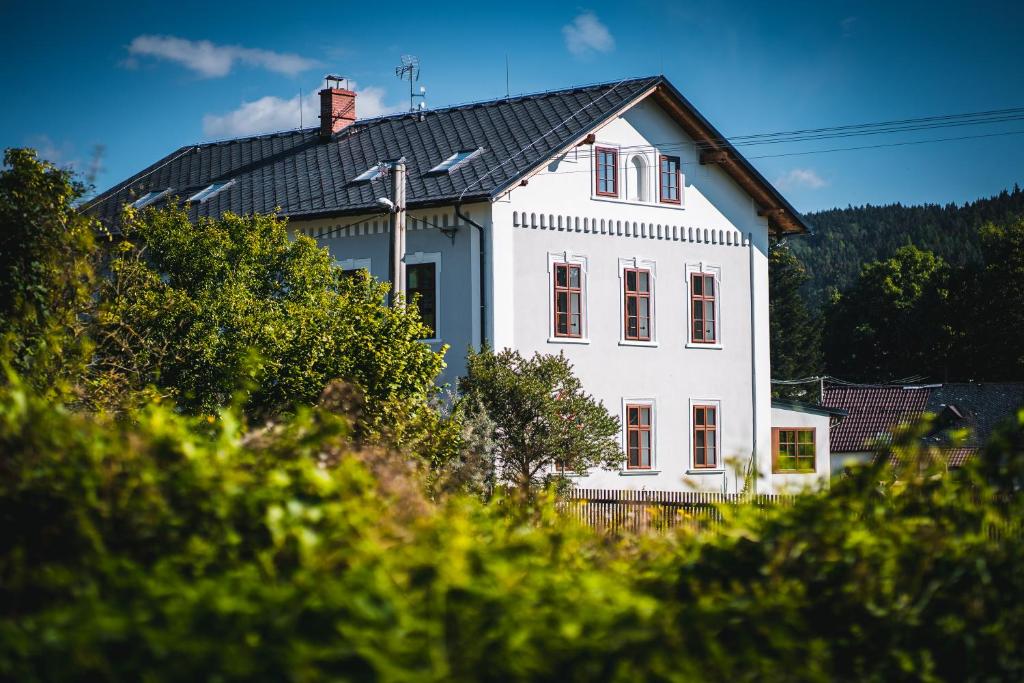 Stará VesPenzion Johannes, Rýmařov - Stará Ves的黑色屋顶的白色房子