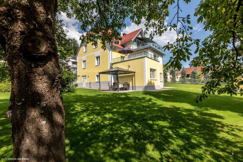Übelbach兰德格拉夫宾馆的绿地上一棵树,大黄房子
