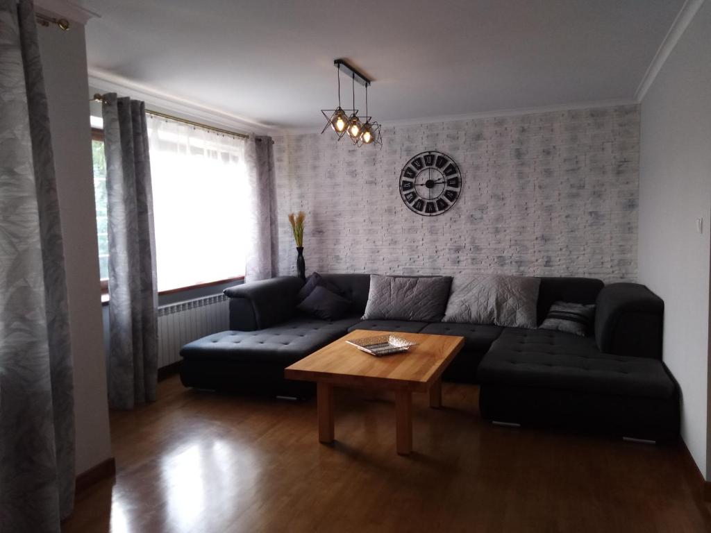 克罗斯诺Apartamenty Kletówka的客厅配有黑色沙发和桌子
