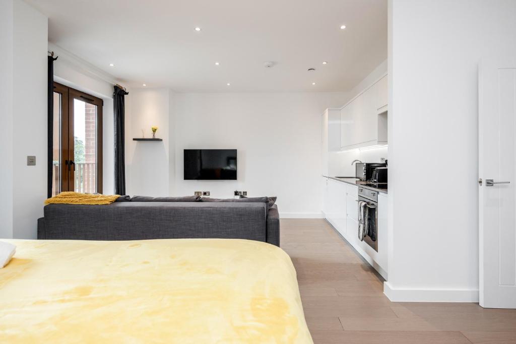 圣奥尔本斯Luxury Studio Apartment St Albans - Free Parking with Amaryllis Apartments的带沙发的白色客厅和厨房