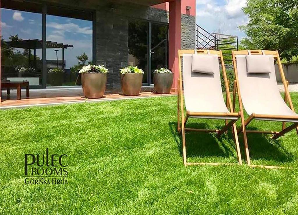 多博沃Apartma Sobe Pulec的两把椅子坐在房子前面的草上