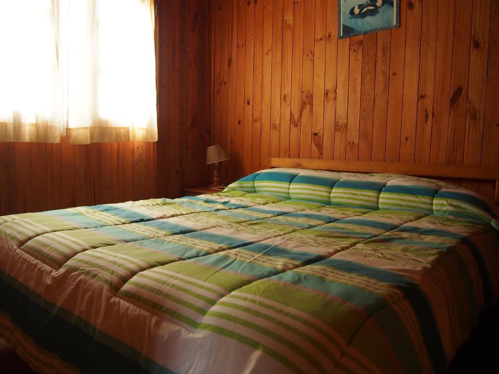皮什丹吉Cabañas Los Tamarugos的木制卧室内的一张床位,卧室设有窗户
