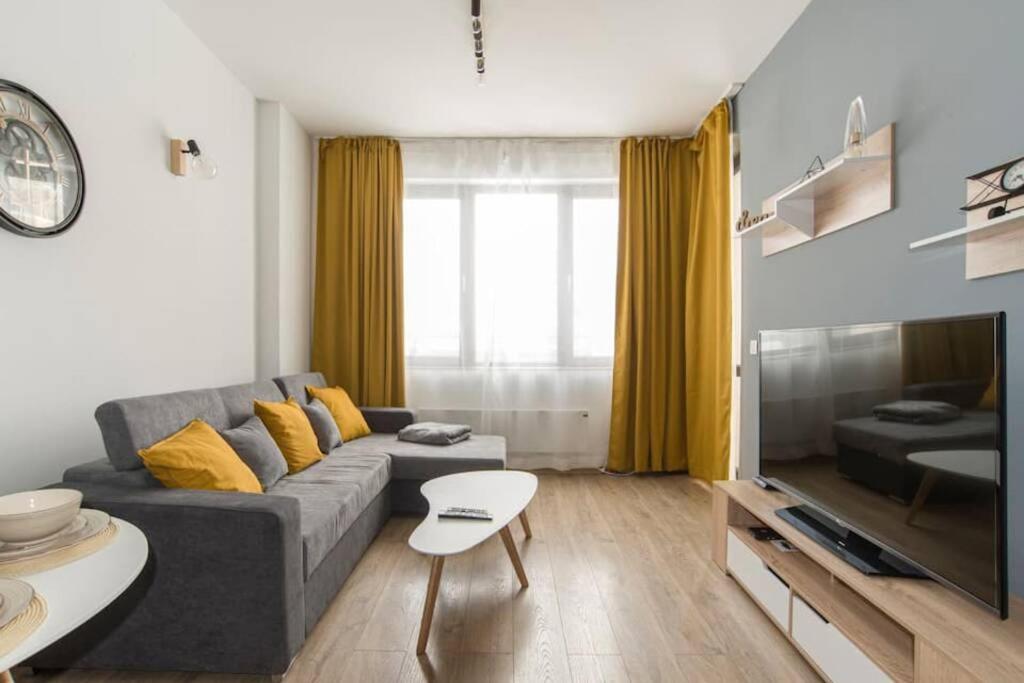 索非亚Yellow Apart @ Vitosha, Sofia的客厅配有灰色的沙发和黄色的枕头。