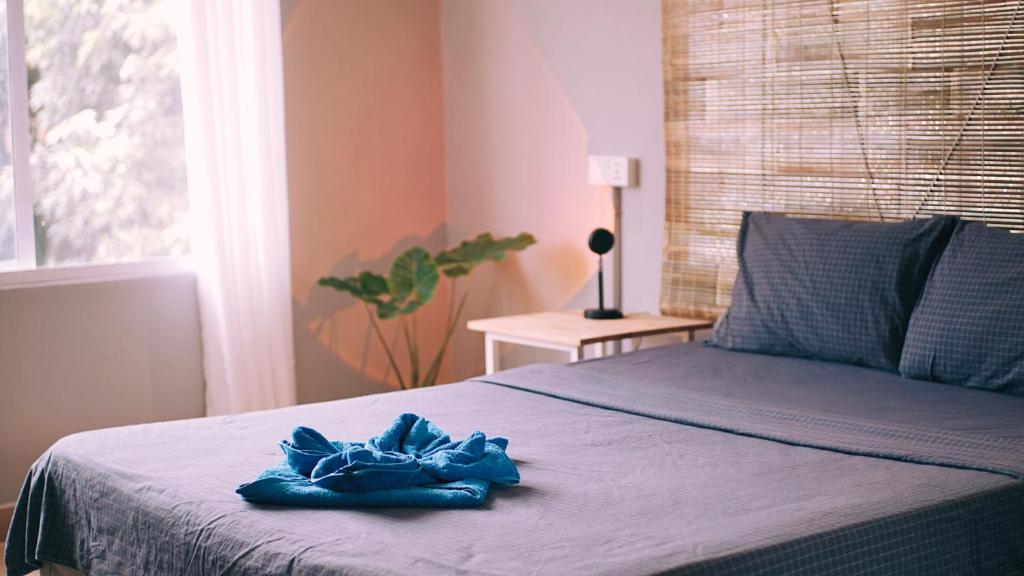 贡布贡布猴子共和国旅馆的床上的蓝色毛巾