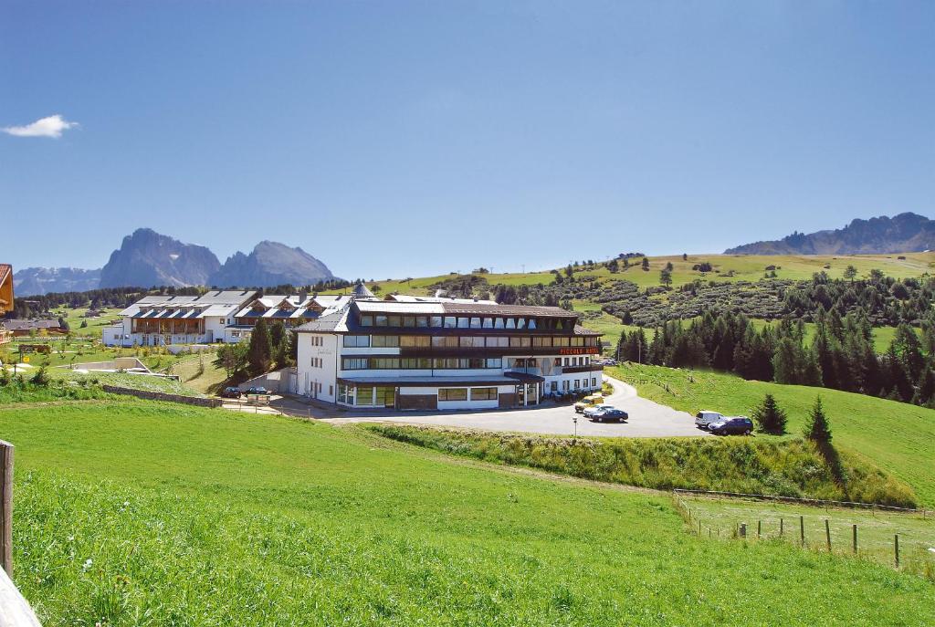 阿尔卑斯休斯山皮科洛希里亚酒店的一座位于山丘上的绿色田野的大型建筑
