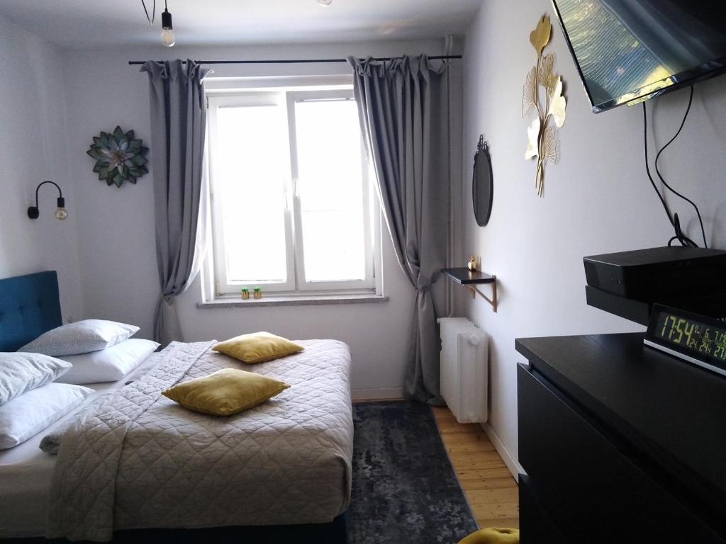 格但斯克Wygodny Apartament w Śródmieściu Gdańska的一间小卧室,配有床和窗户