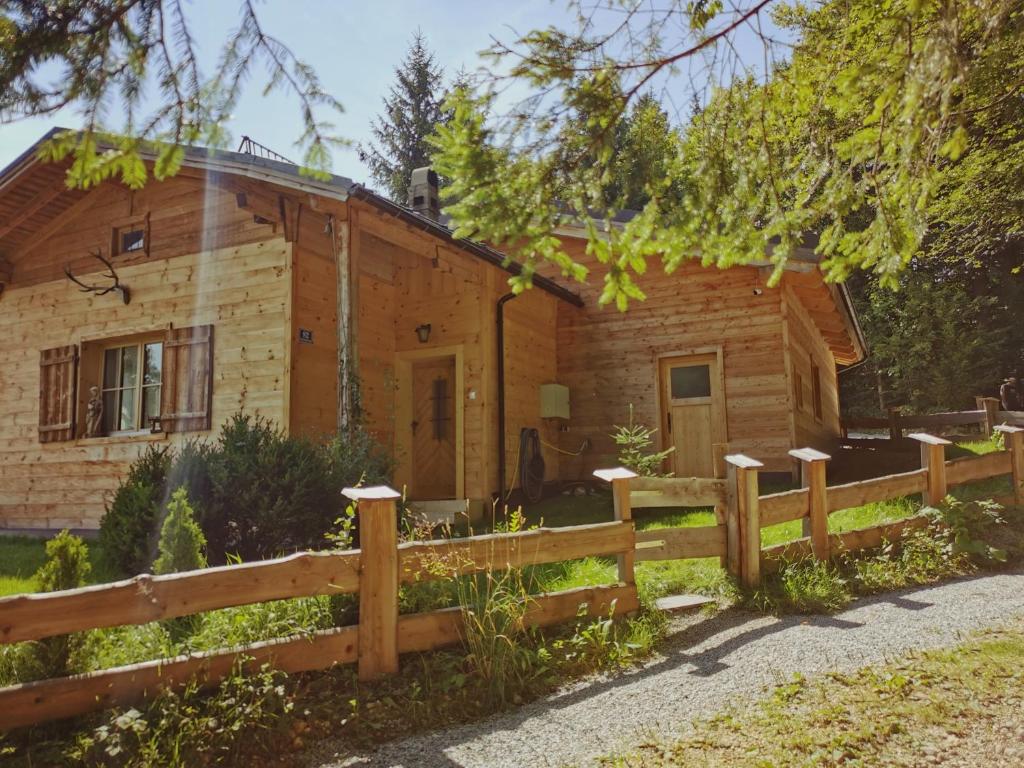 WinklStodingerhütte的小木屋前方设有围栏