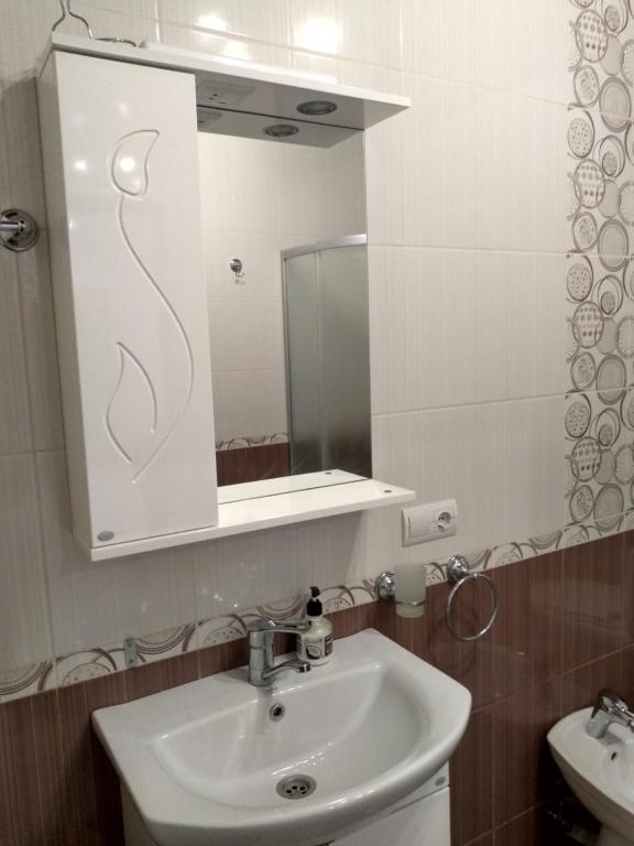 卢茨克Apartment Ivashchenka 1a的浴室设有白色水槽和镜子