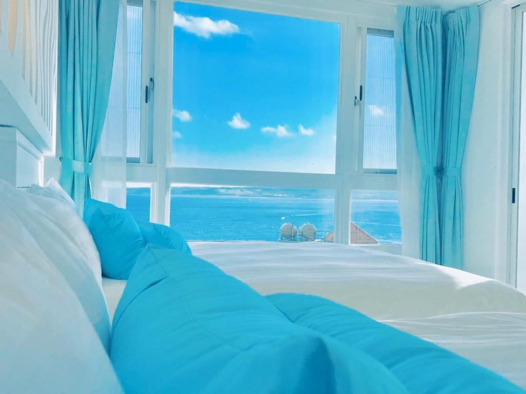 南湾 天空草的一间卧室设有一张床,享有海景