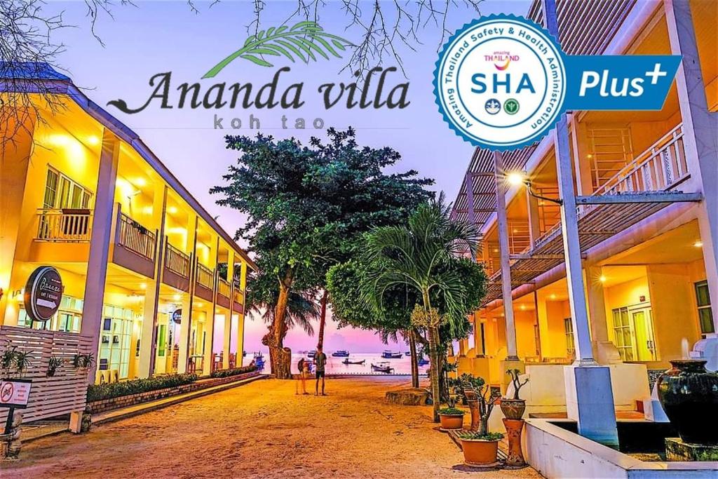 涛岛Ananda Villa - SHA Plus的建筑前的阿曼达别墅标牌