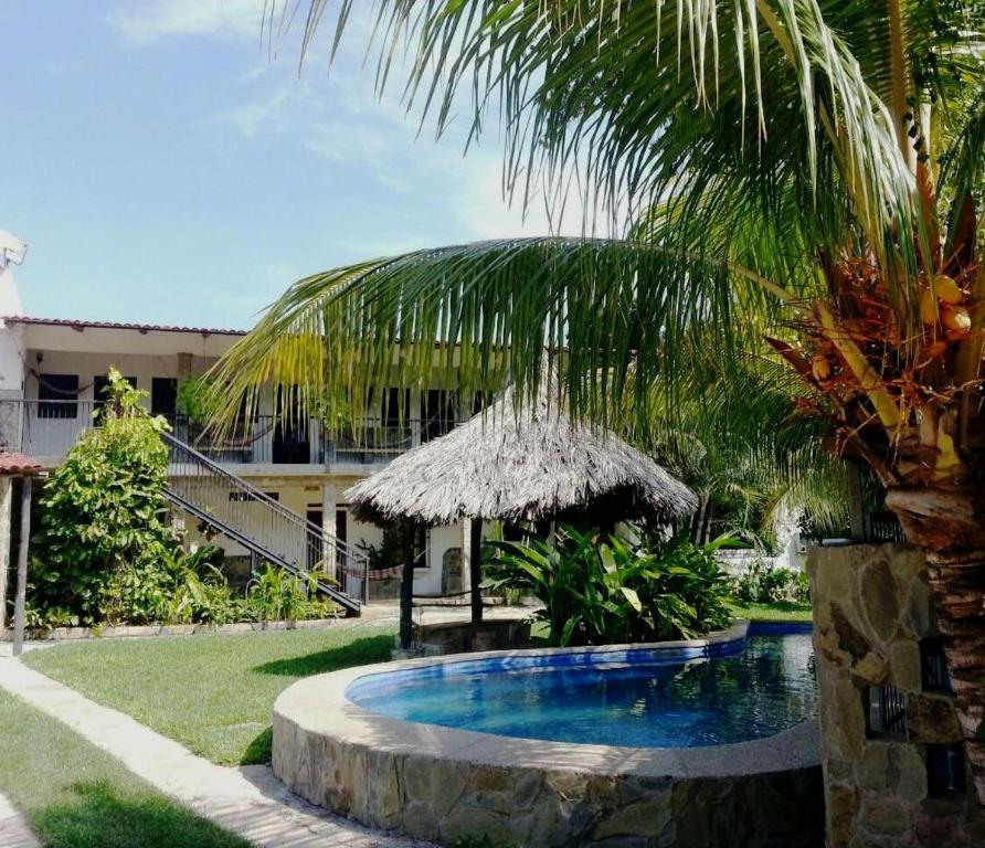Puerto ColombiaCasa Nova的棕榈树庭院中的游泳池