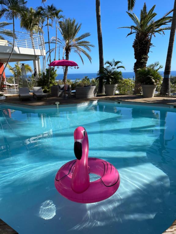 拉萨尔勒班Villa Prana的游泳池里的粉红色橡皮天鹅