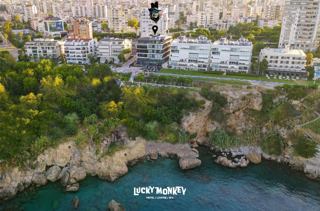 安塔利亚Lucky Monkey Hotel的城市和水体的空中景观