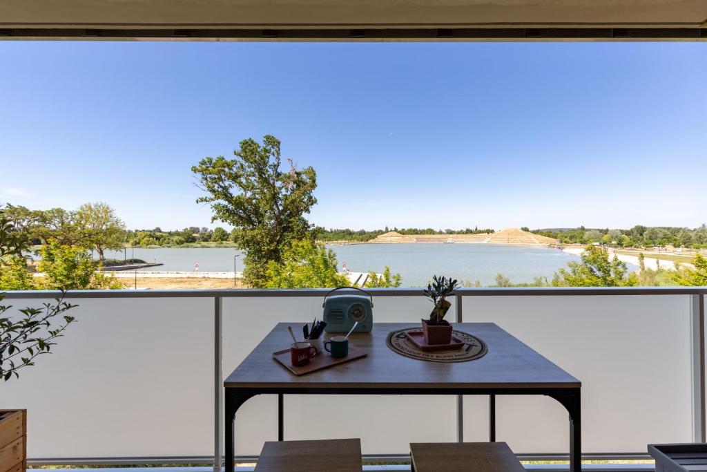 蒙特Superbe studio, vue lac, Spirou, rando, velo的从房子的阳台上可欣赏到水景
