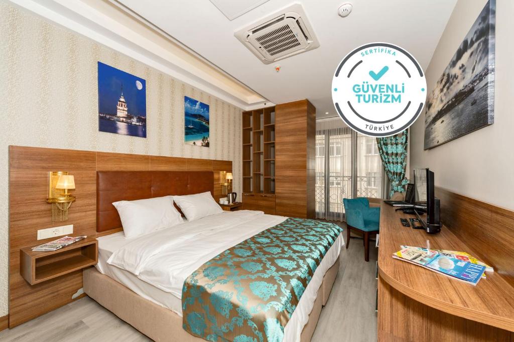 伊斯坦布尔嘉逸豪庭酒店的配有一张床和一张书桌的酒店客房