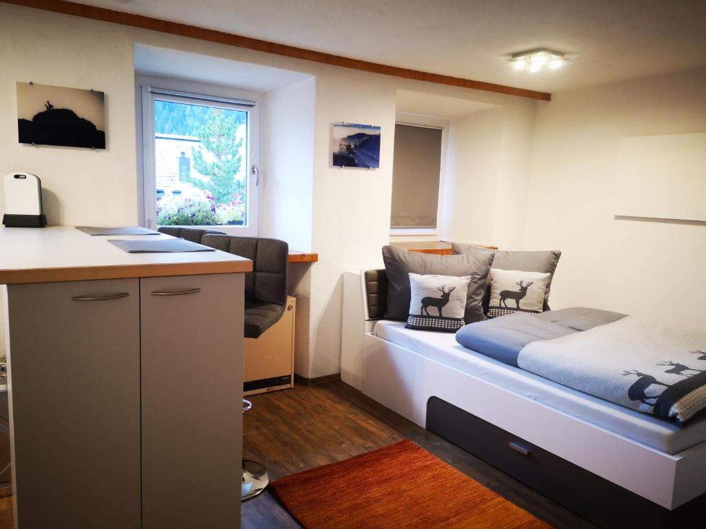 萨姆瑙恩Haus Crestas的小房间设有一张床和一张书桌