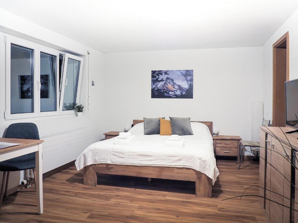 采尔马特Studio Omis的一间卧室配有一张床、一张书桌和一台电视。