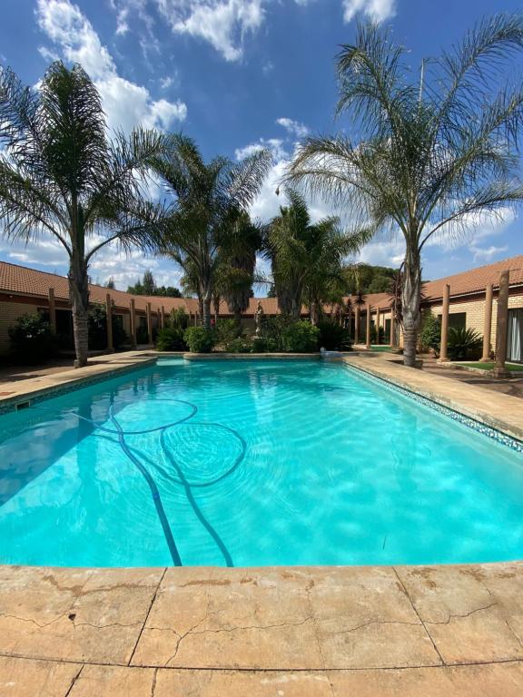 伯诺尼Tamarisk Guest Lodge的一个种有棕榈树的大型蓝色游泳池