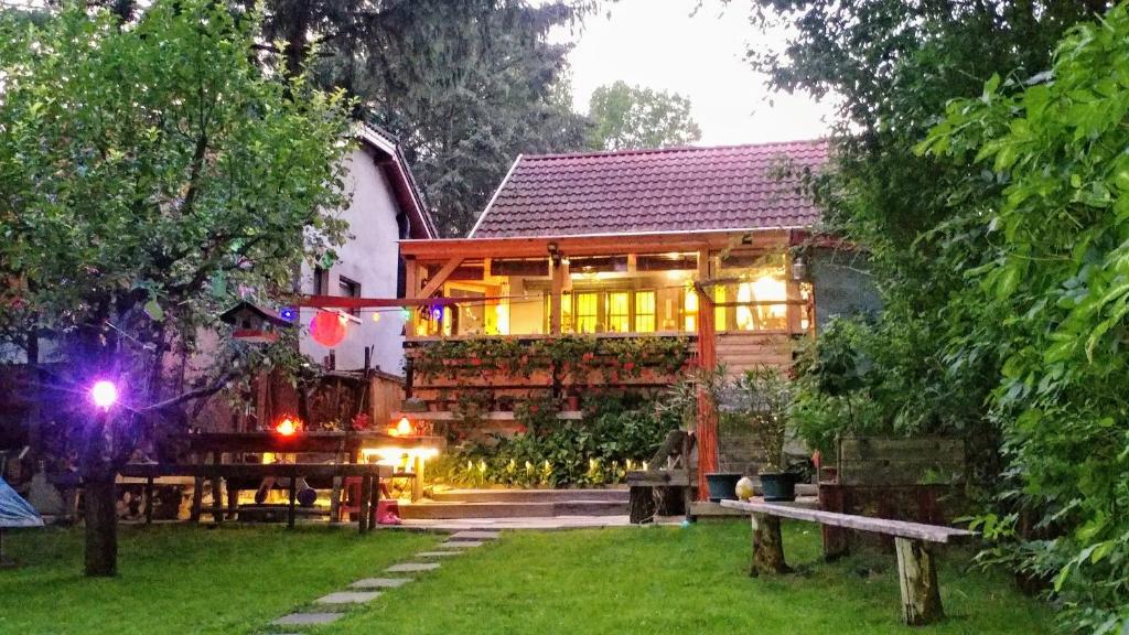 塞格德Lovely vacation house at river Tisza , Hangulatos nyaraló a szegedi Tisza - Maros toroknál的庭院内带桌子的木屋