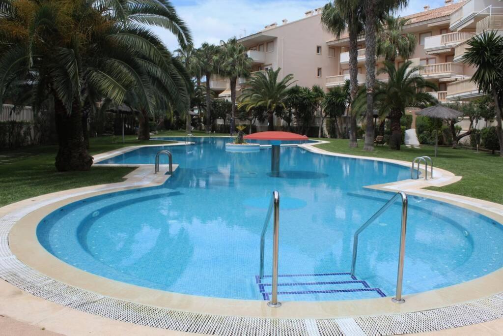 哈维亚Javea Holydays的一座种植了棕榈树的大型蓝色游泳池和一座建筑