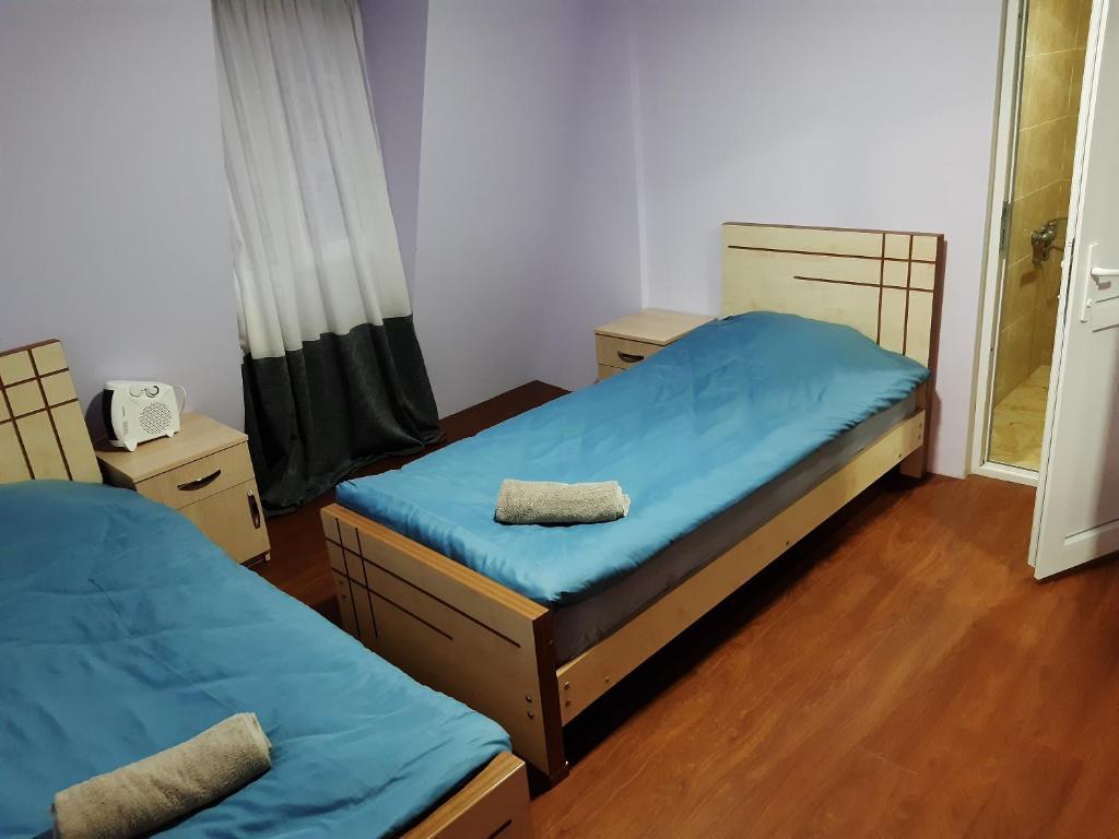 乌树故里Mate Private Rooms的配有蓝色床单的客房内的两张床
