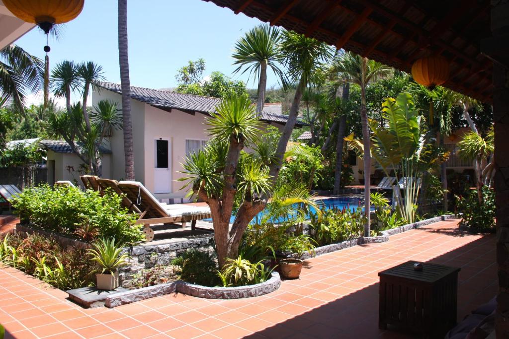美奈新潮酒店的一个带棕榈树和游泳池的庭院